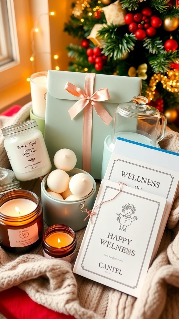 A collection of self-care gifts including candles, bath products, and a journal on a holiday-themed table.